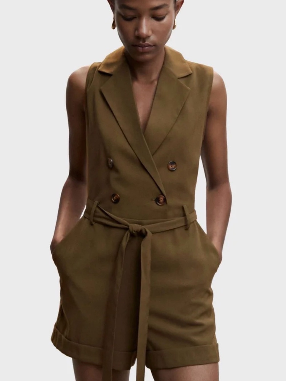 Mango Dorotea Olive Green Double-Breasted Sleeveless Utility Romper Size M